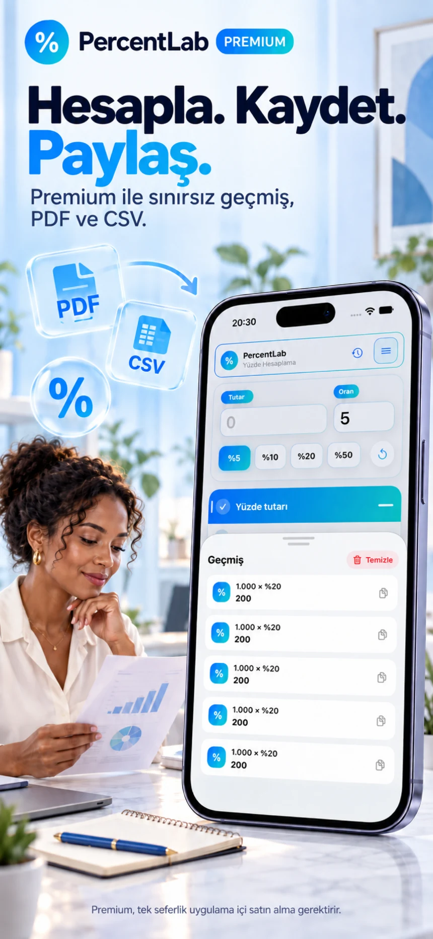 Premium işlem geçmişi ve PDF/CSV raporlarını paylaşma